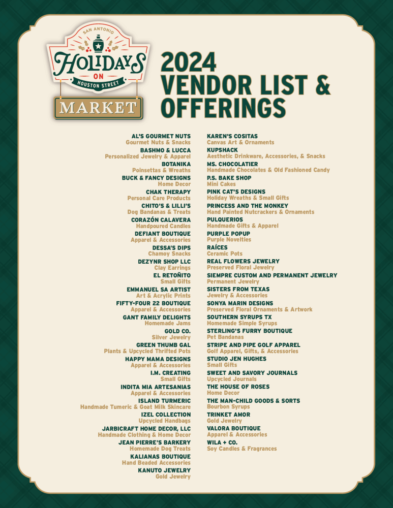 List of 40 vendors that will be at the holiday market