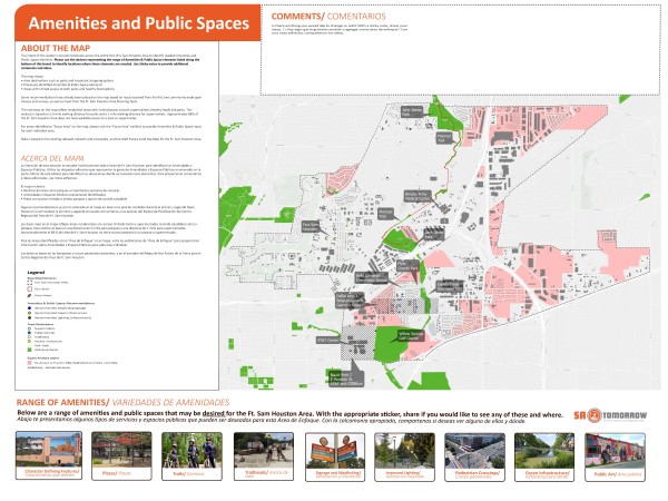 Focus Areas and Amenities & Public Spaces Using the interactive map please select the appropriate pin and place it (drag and drop) on the map where you would like to see that type of amenity or public space feature. The map depicts the boundary for the entire Fort Sam Houston Area Regional Center. You may zoom into the map and place pins anywhere within the Plan Area and share your thoughts by typing in the comments section.